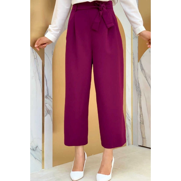 Fermuarlı Bel Bağcıklı Pantolon 0174 Mürdüm