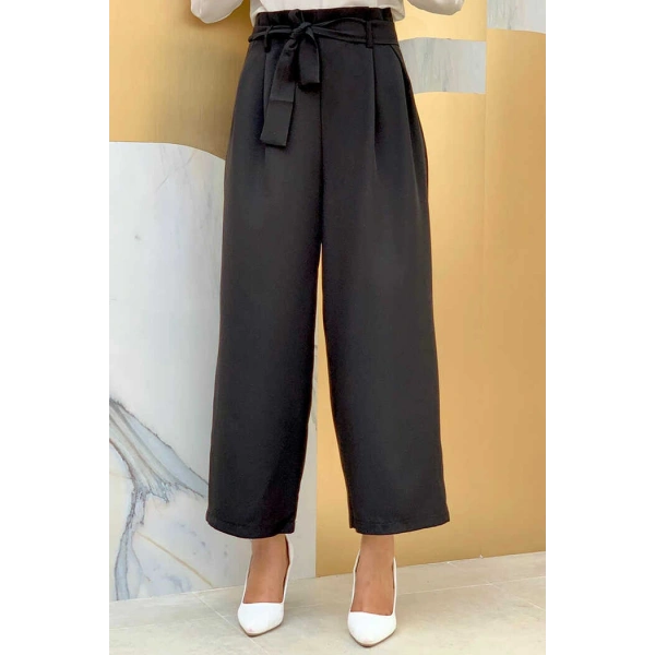 Fermuarlı Bel Bağcıklı Pantolon 0174 Siyah