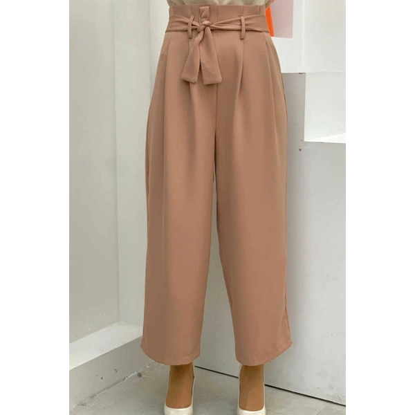 Fermuarlı Bel Bağcıklı Pantolon 0174 Taba