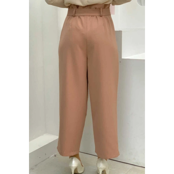 Fermuarlı Bel Bağcıklı Pantolon 0174 Taba