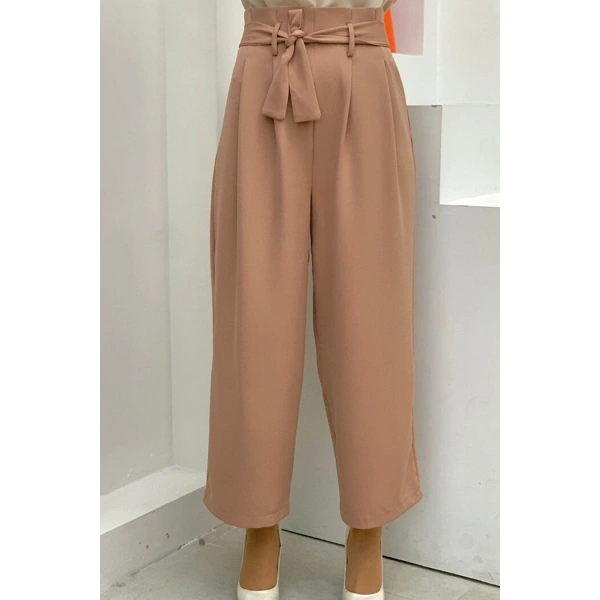 Fermuarlı Bel Bağcıklı Pantolon 0174 Taba