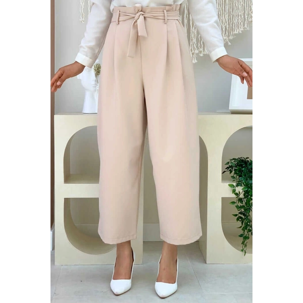 Fermuarlı Bel Bağcıklı Pantolon 0174 Taş