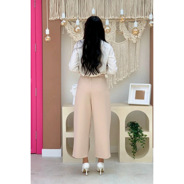 Fermuarlı Bel Bağcıklı Pantolon 0174 Taş