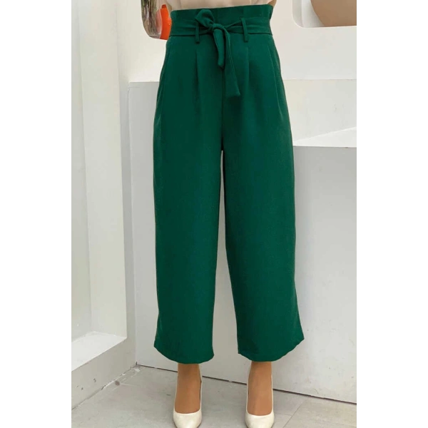 Fermuarlı Bel Bağcıklı Pantolon 0174 Zümrüt