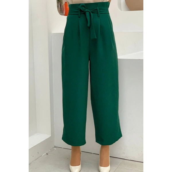 Fermuarlı Bel Bağcıklı Pantolon 0174 Zümrüt