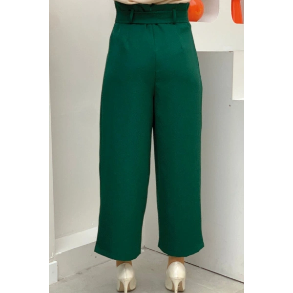 Fermuarlı Bel Bağcıklı Pantolon 0174 Zümrüt
