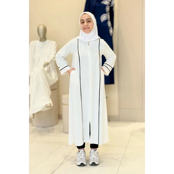 Fermuarlı Biyeli Çocuk Feracesi 6031 Ekru