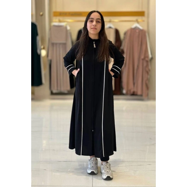 Fermuarlı Biyeli Çocuk Feracesi 6031 Siyah