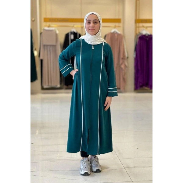 Fermuarlı Biyeli Çocuk Feracesi 6031 Zümrüt