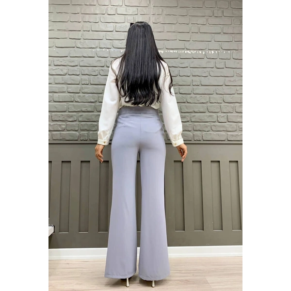 Fermuarlı Yırtmaç Detaylı Cepli Krep Pantolon 0271 Gri