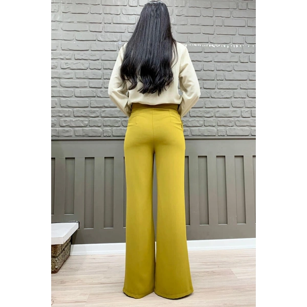Fermuarlı Yırtmaç Detaylı Cepli Krep Pantolon 0271 Hardal