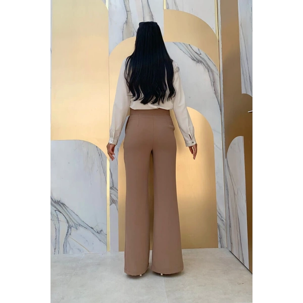 Fermuarlı Yırtmaç Detaylı Cepli Krep Pantolon 0271 Vizon