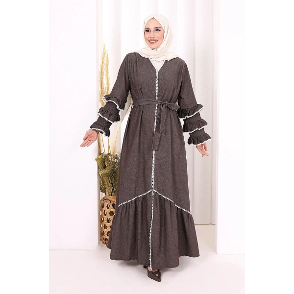 Fırfır Detaylı Abaya 6078 Kahverengi