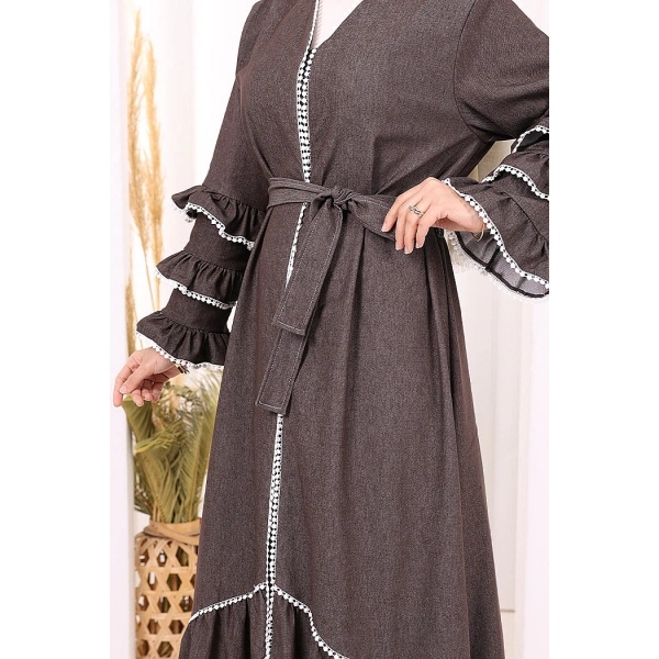 Fırfır Detaylı Abaya 6078 Kahverengi