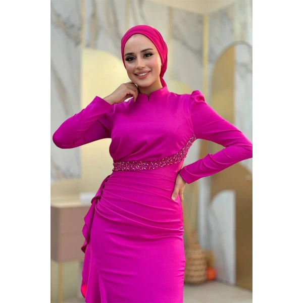 Fırfır Detaylı Abiye Elbise 7011 Fuşya