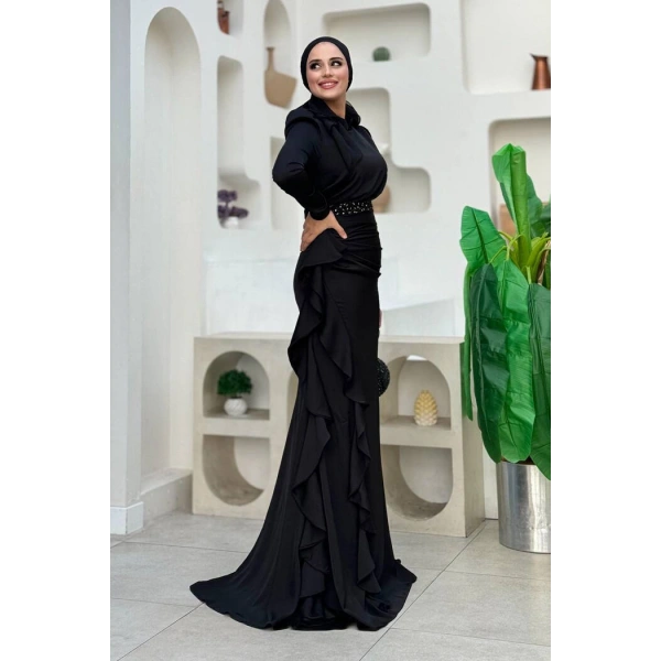 Fırfır Detaylı Abiye Elbise 7011 Siyah
