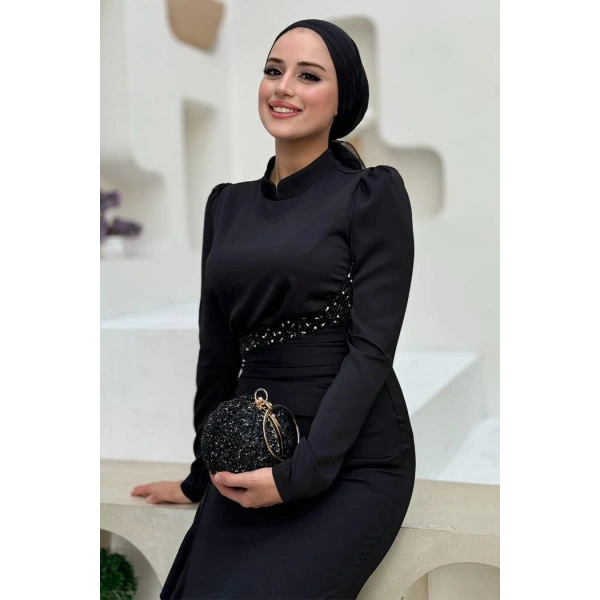 Fırfır Detaylı Abiye Elbise 7011 Siyah