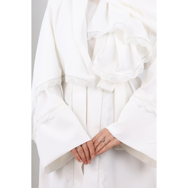 Fırfır Taşlı Detaylı Şallı Abaya 9204 Ekru
