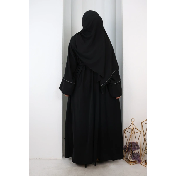 Fırfır Taşlı Detaylı Şallı Abaya 9204 Siyah