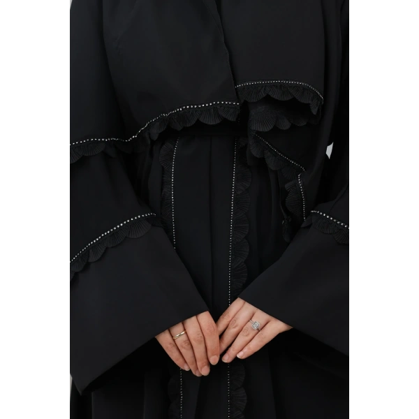 Fırfır Taşlı Detaylı Şallı Abaya 9204 Siyah