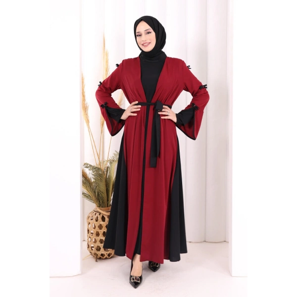 Fiyonk Detaylı Abaya Elbise Takım 3955 Bordo