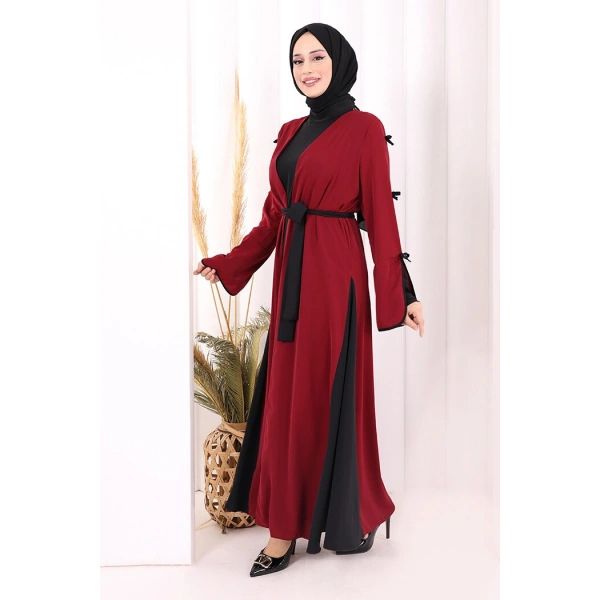 Fiyonk Detaylı Abaya Elbise Takım 3955 Bordo