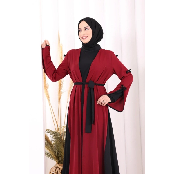 Fiyonk Detaylı Abaya Elbise Takım 3955 Bordo