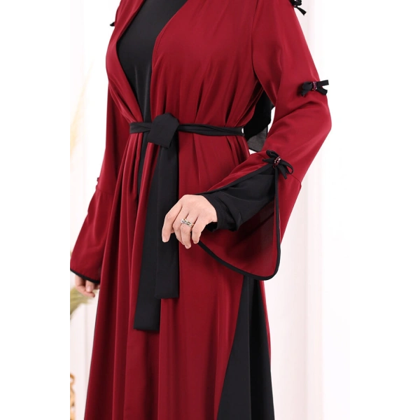 Fiyonk Detaylı Abaya Elbise Takım 3955 Bordo