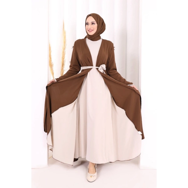 Fiyonk Detaylı Abaya Elbise Takım 3955 Kahverengi