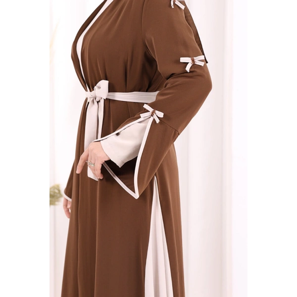 Fiyonk Detaylı Abaya Elbise Takım 3955 Kahverengi