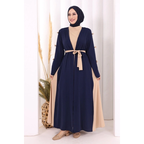 Fiyonk Detaylı Abaya Elbise Takım 3955 Lacivert