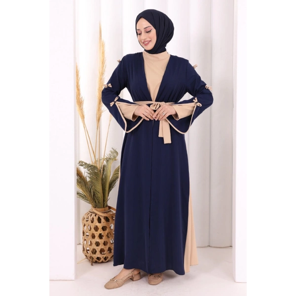 Fiyonk Detaylı Abaya Elbise Takım 3955 Lacivert