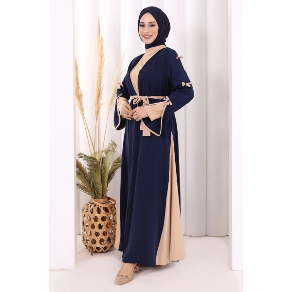 Fiyonk Detaylı Abaya Elbise Takım 3955 Lacivert