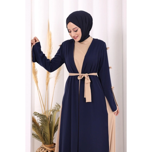 Fiyonk Detaylı Abaya Elbise Takım 3955 Lacivert