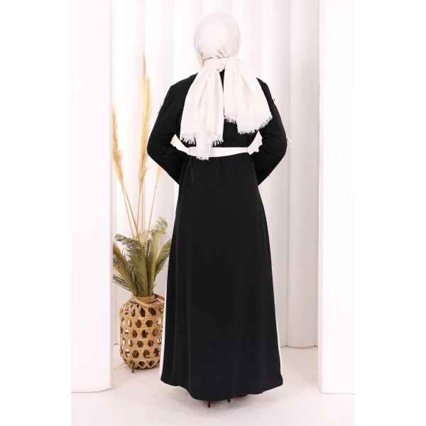 Fiyonk Detaylı Abaya Elbise Takım 3955 Siyah