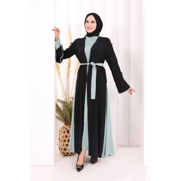 Fiyonk Detaylı Abaya Elbise Takım 3955 Siyah-Mint