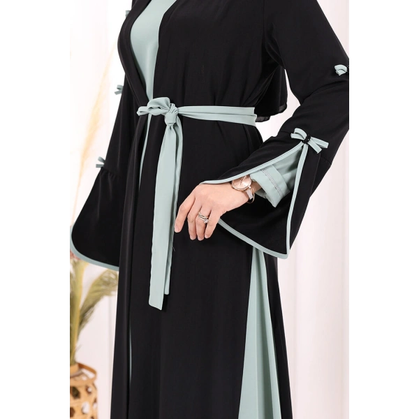 Fiyonk Detaylı Abaya Elbise Takım 3955 Siyah-Mint