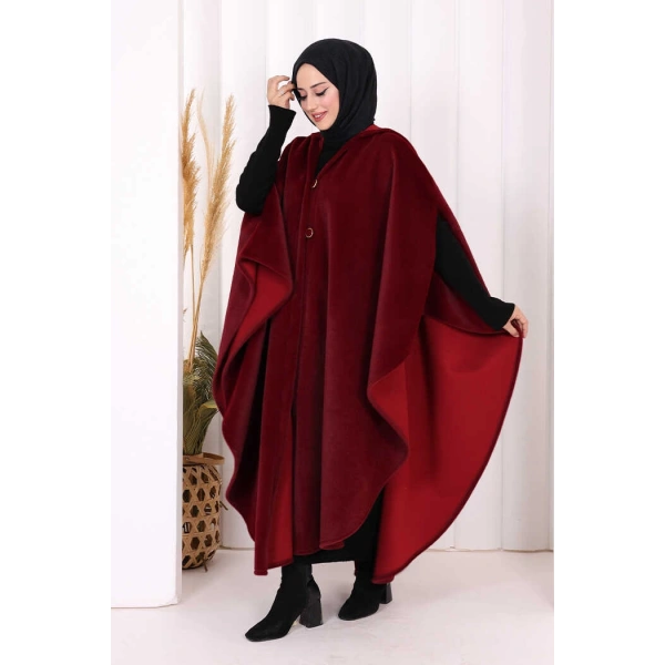 Foks Kumaş Kapşonlu Panço 70130 Bordo