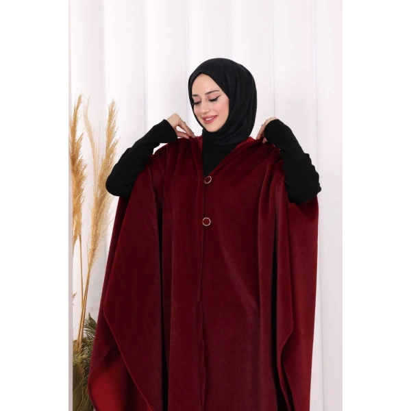 Foks Kumaş Kapşonlu Panço 70130 Bordo