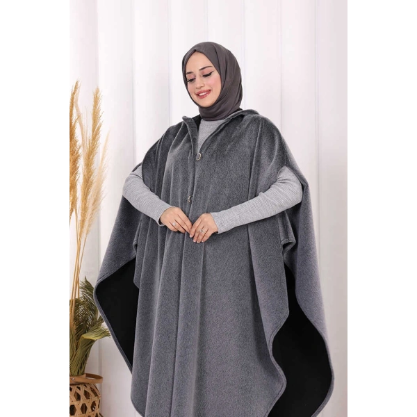 Foks Kumaş Kapşonlu Panço 70130 Gri