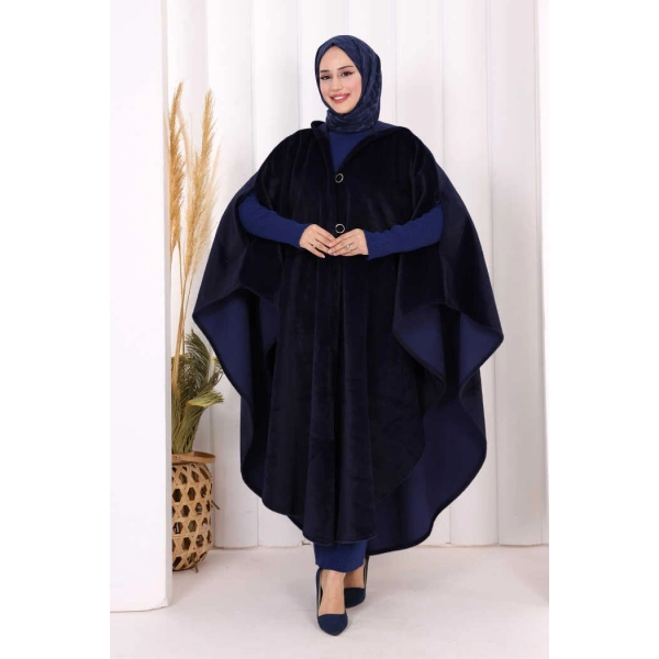 Foks Kumaş Kapşonlu Panço 70130 Lacivert