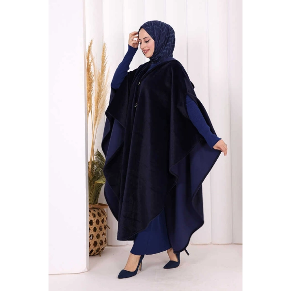 Foks Kumaş Kapşonlu Panço 70130 Lacivert