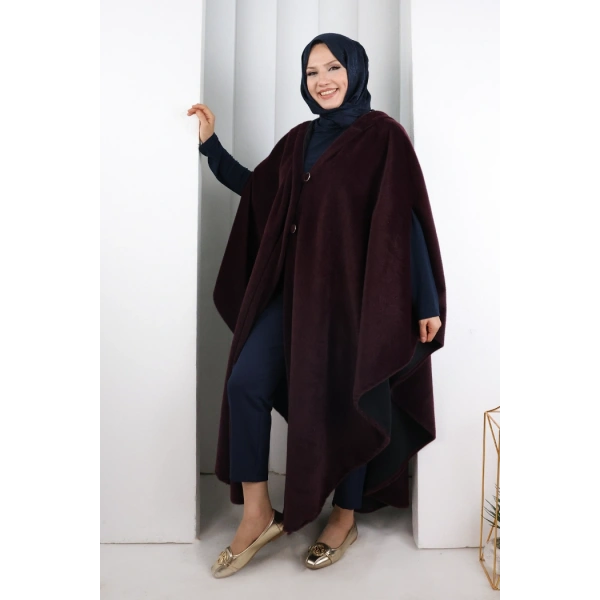 Foks Kumaş Kapşonlu Panço 70130 Mürdüm