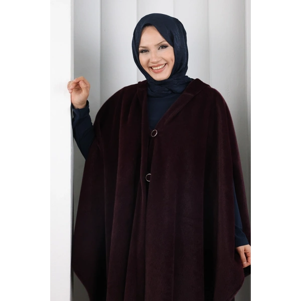 Foks Kumaş Kapşonlu Panço 70130 Mürdüm