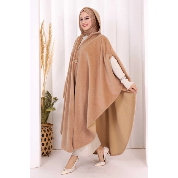 Foks Kumaş Kapşonlu Panço 70130 Vizon