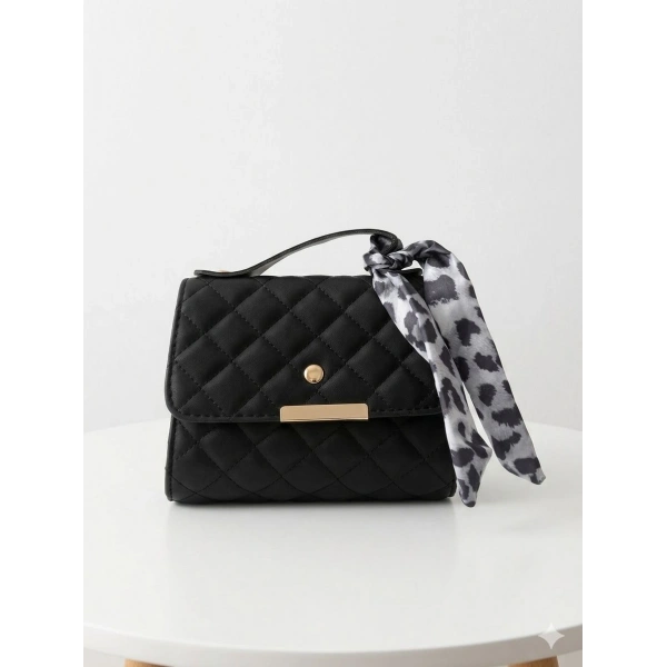 Krem&Siyah Fularlı Mini Çanta