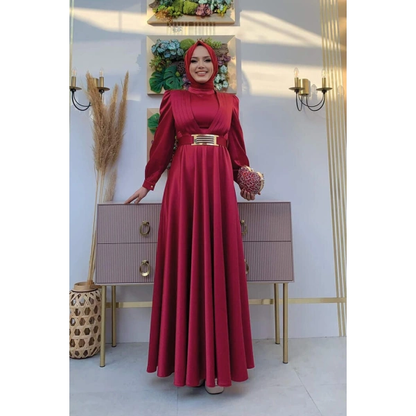 Göğüs Kısmı Kat Şerit Detay Bel Kemer Aksesuarlı Abiye Elbise 3792 Bordo