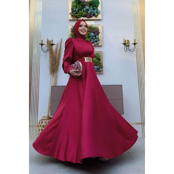 Göğüs Kısmı Kat Şerit Detay Bel Kemer Aksesuarlı Abiye Elbise 3792 Bordo