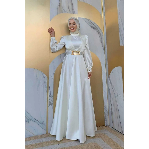 Göğüs Kısmı Kat Şerit Detay Bel Kemer Aksesuarlı Abiye Elbise 3792 Ekru