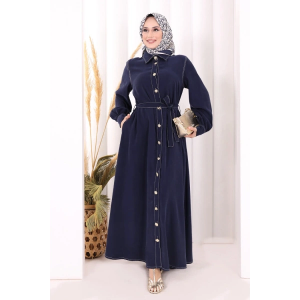 Gold Düğmeli Elbise 7065 Lacivert